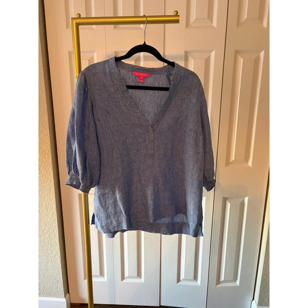 Lilly Pulitzer Blue 100% Linen Tunic Blouse Puff Sleeve V-Neck Top Size 14